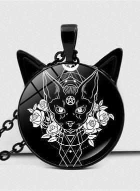 新款跨境爆品女巫五角星猫项链女百搭时光宝石猫耳朵吊坠黑色毛衣