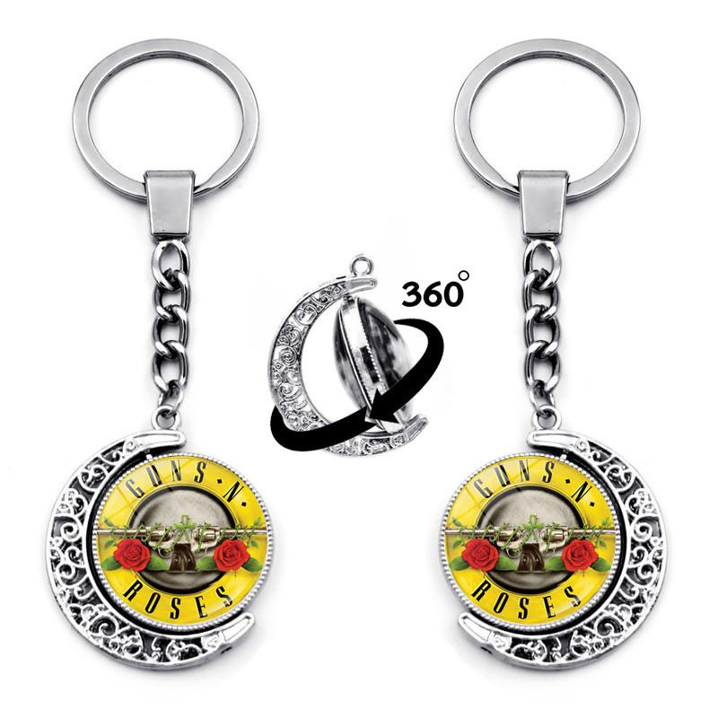 新款枪炮与玫瑰钥匙链挂件欧美乐队跨境时光宝石双面旋转吊坠装饰