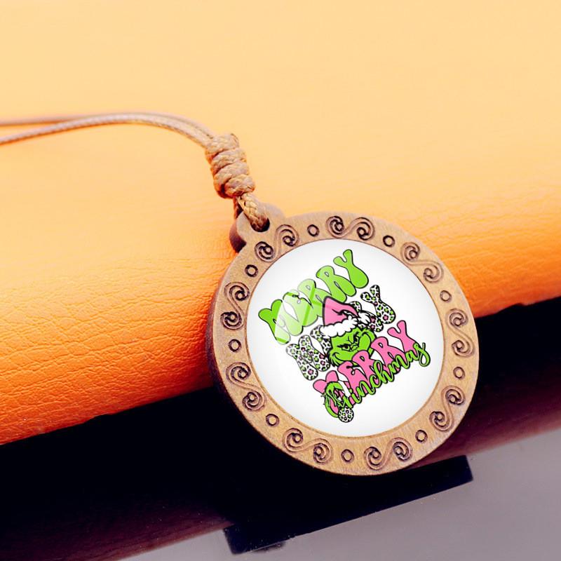 新款圣诞卡通格林奇木质项链饰品复古腊绳木头吊坠圣诞挂件礼物批