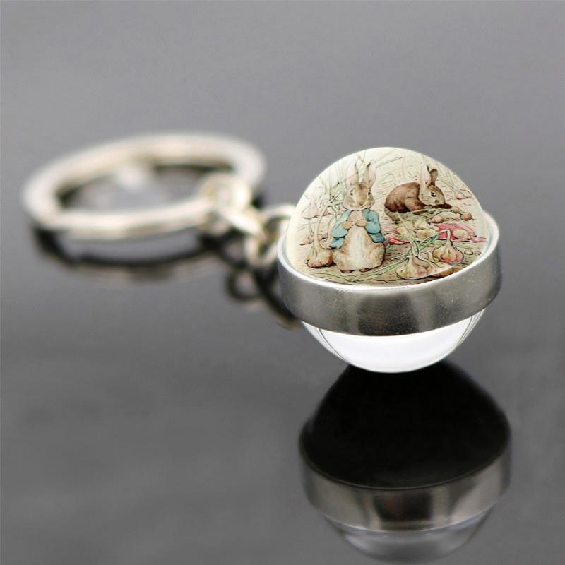 新款彼得兔钥匙扣挂件时光宝石复活节兔子双面玻璃球吊坠钥匙链批