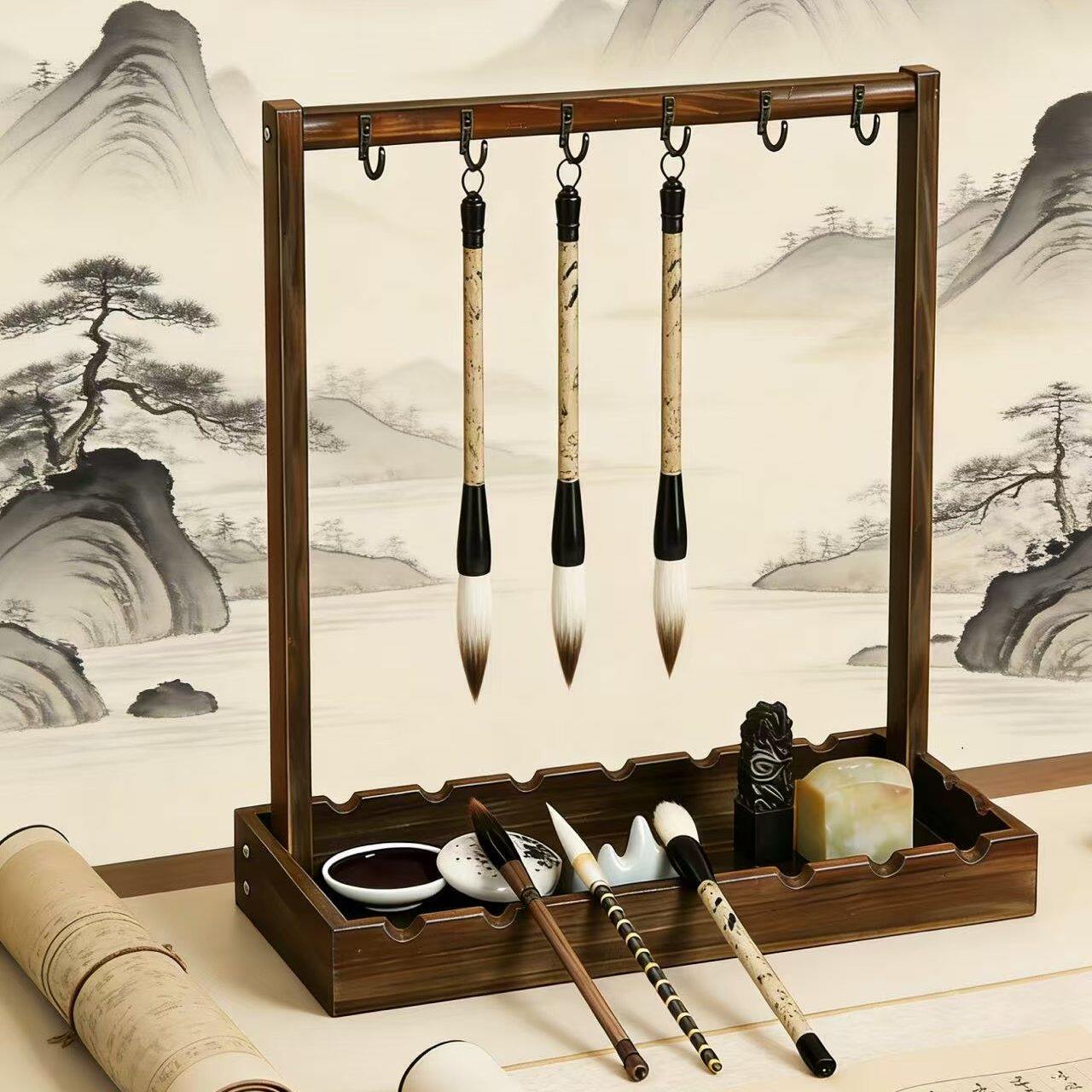 高档实木毛笔架笔挂架架子中式悬挂复古书法笔托挂架文房四宝毛毡