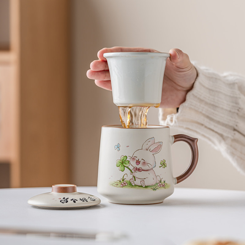 可爱兔汝窑茶杯陶瓷过滤茶水分离杯办公室泡茶杯个人专用杯马克杯,餐饮具,茶杯,淘宝优惠券,粉丝福利购,淘宝优惠卷