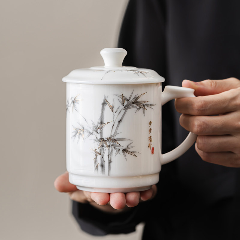 羊脂玉瓷茶杯带盖泡茶杯家用大容量水杯高档办公室会议马克杯定制
