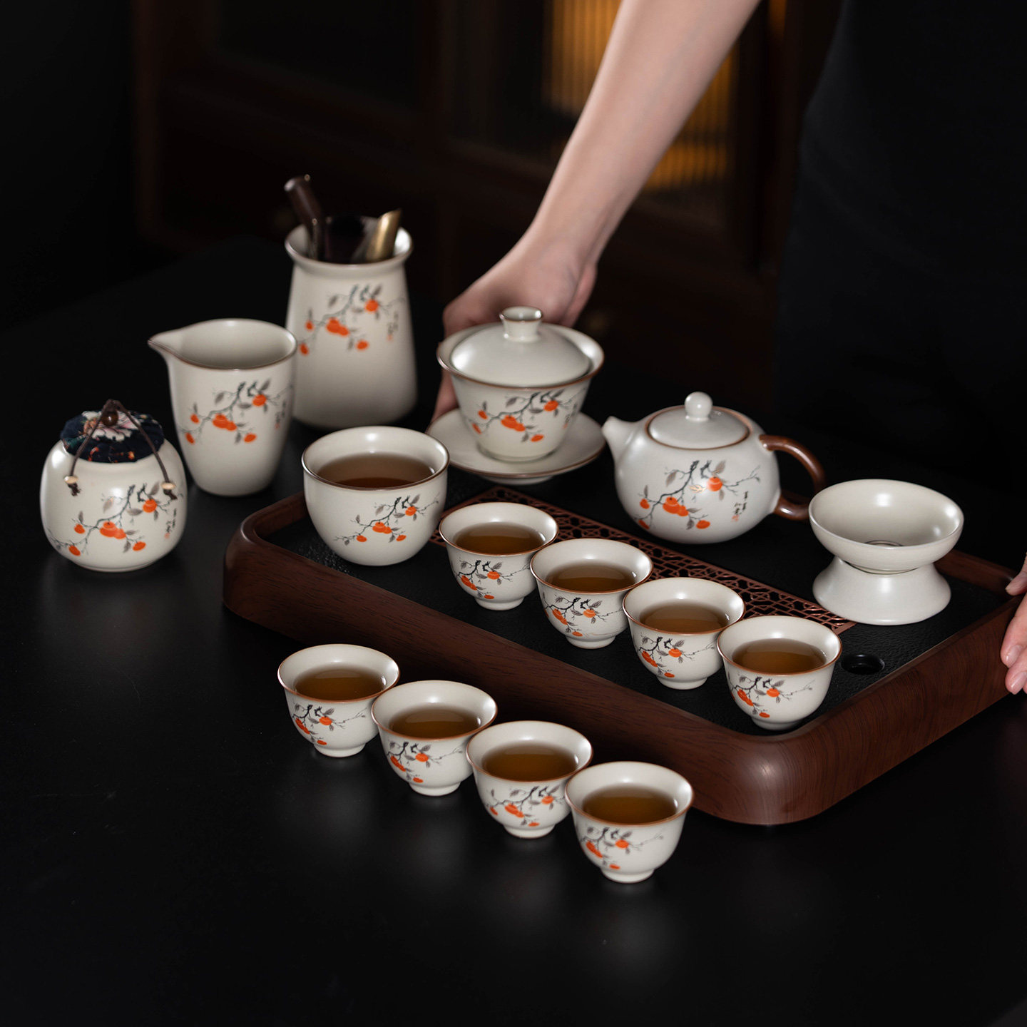 米黄汝窑功夫茶具套装陶瓷泡茶壶盖碗茶杯茶盘办公室茶具整套家用