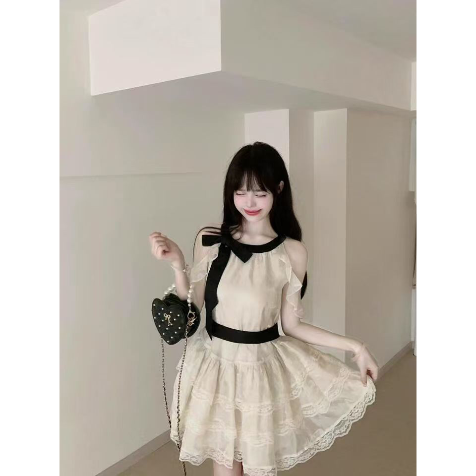 韩系氛围感穿搭法式露肩连衣裙女夏新款生日小礼服高级感蛋糕裙子