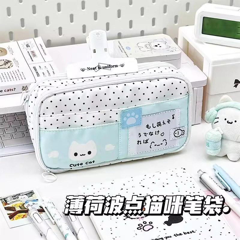 原创薄荷蓝波点小猫多层痛包笔袋高颜值ins学生大容量铅笔文具袋