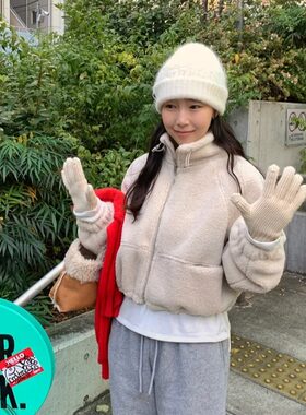 韩系冬季温柔甜美简约立领拉链抽绳收腰短款羊羔毛卫衣外套