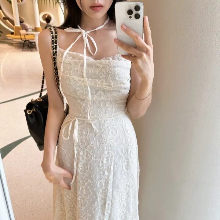韩系夏季温柔时尚蕾丝性感露背松紧系带收腰百搭吊带裙连衣裙