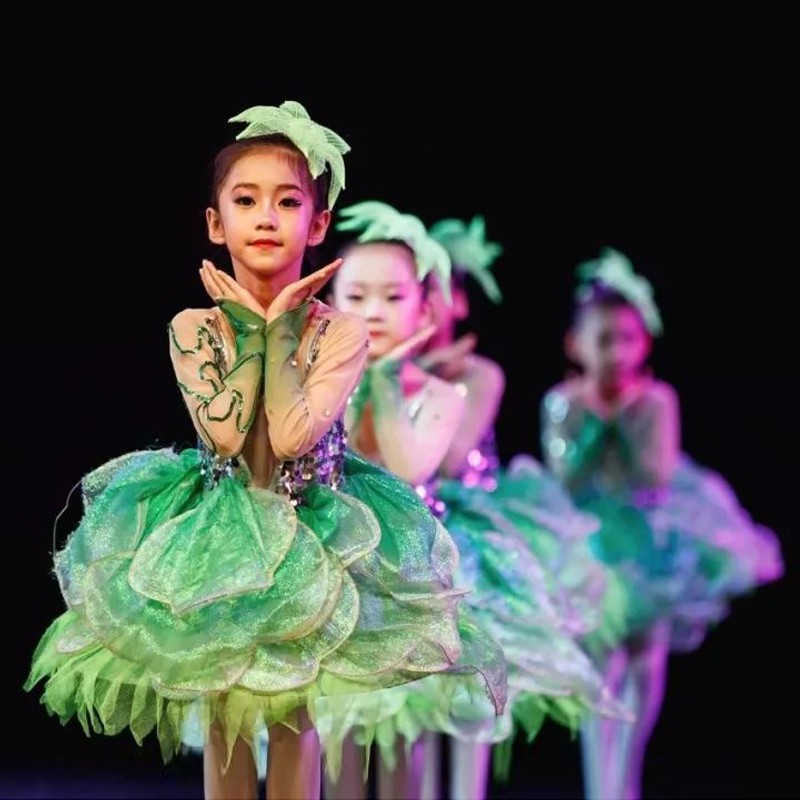小小茉莉花儿童演出服绿色小草春晓幼儿女童蓬蓬纱裙舞蹈表演服装