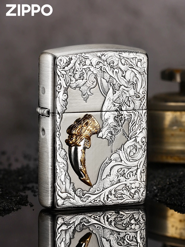 Zippo打火机纯银贴章狼王图腾