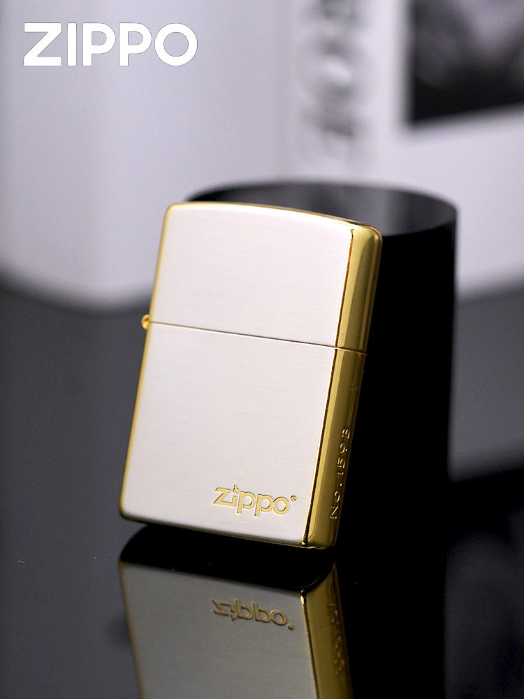 Zippo熏银拉丝侧面金色白金标志