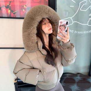 明摩短款羽绒服女款冬小个子真狐狸大毛领收腰美式外套官方旗舰店