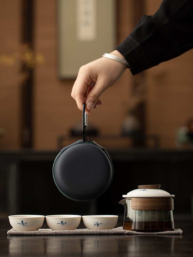 古与茶手绘兰花陶瓷旅行茶具套装便携式户外玻璃茶壶快客杯泡茶壶