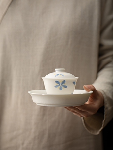 古茶手绘桂花白瓷盖碗单小鲜陶瓷功夫茶具精美三彩碗小容量