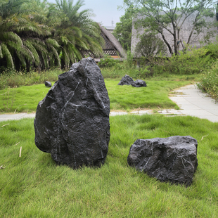 户外玻璃钢仿真黑山石井盖罩庭院室内造景假石头创意装 饰商业美陈