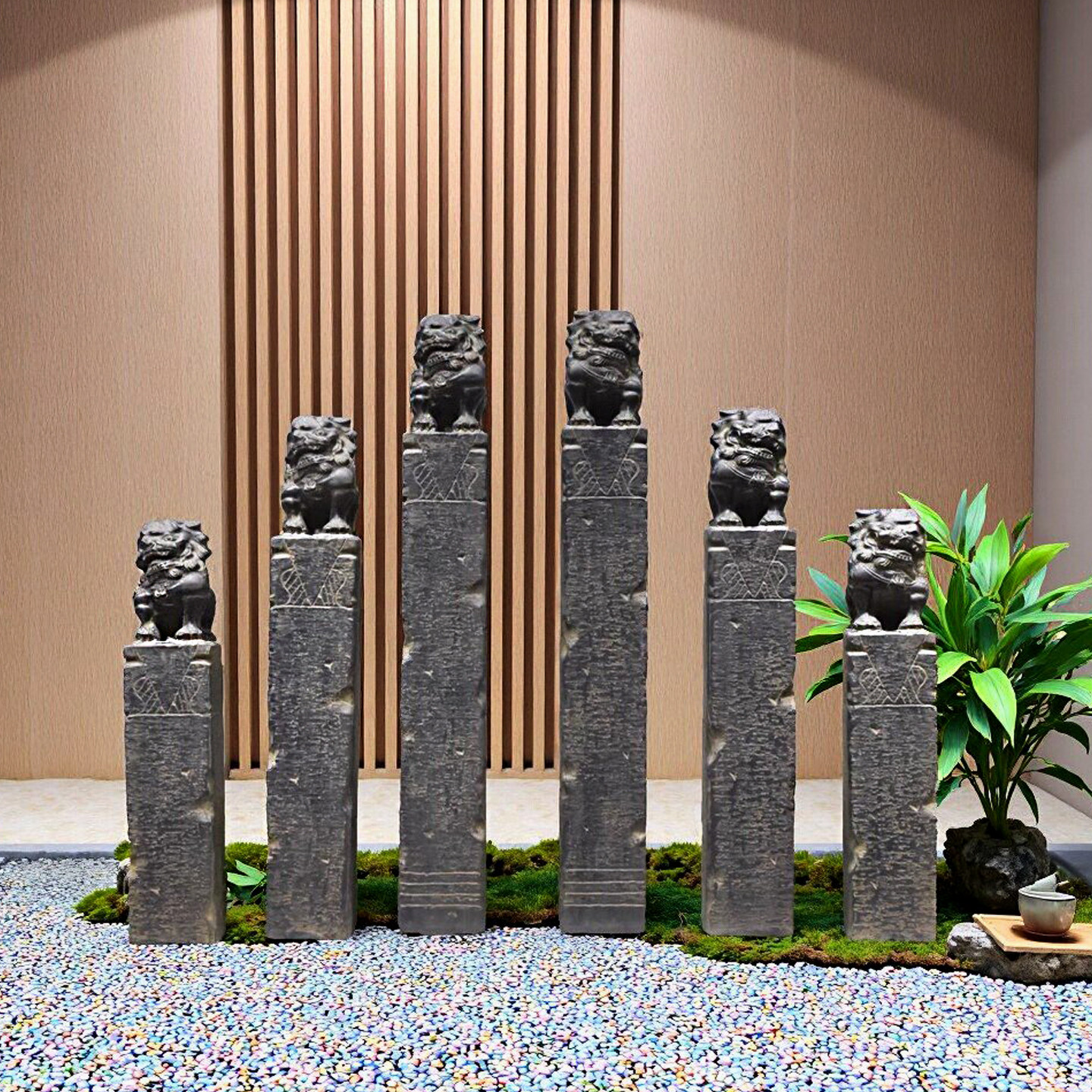 仿石雕狮子拴马桩中式造景摆件