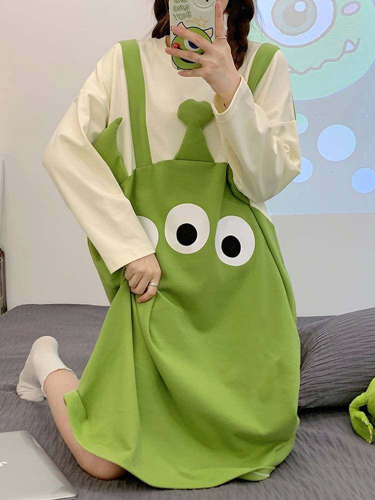 新疆包邮专区长袖款睡衣连衣裙女春秋冬季薄款纯棉卡通少女生睡裙