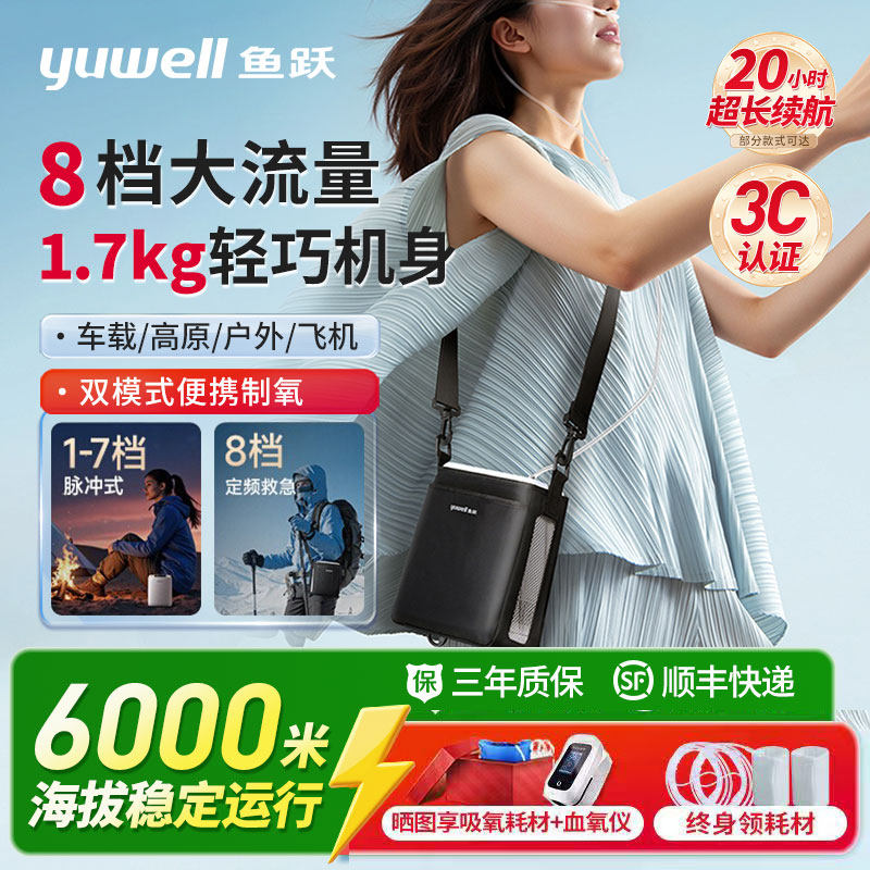 鱼跃便携式制氧机医疗小型车载老人家用高原专用户外随身吸氧机