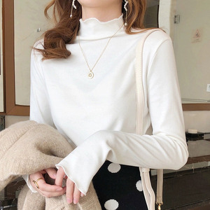 秋冬新款纯色半高领德绒打底衫木耳边设计感白塔保暖衣女