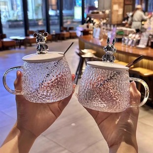 ins风可耐热璃水杯玻女生高值马颜克爱杯带盖办勺公室咖啡早餐杯