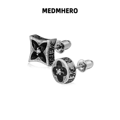 刻雕四叶花耳钉黑色复古潮流简约