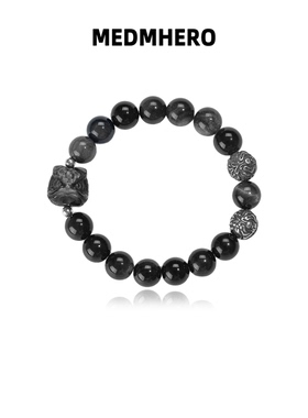 醒狮手串潮流貔貅招财手链天然黑曜石鹰眼石百搭送男友虎眼石活力