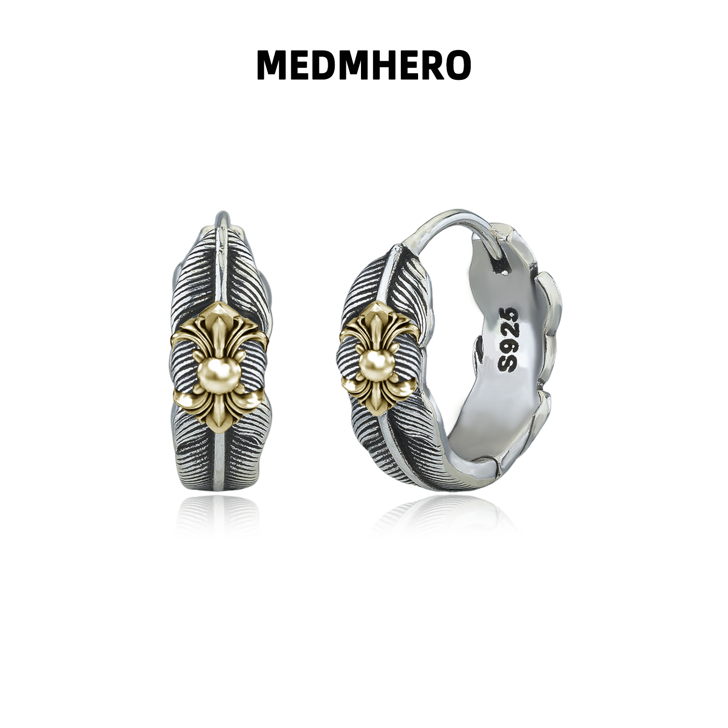 S925银尾花羽毛耳钉男生小众耳环