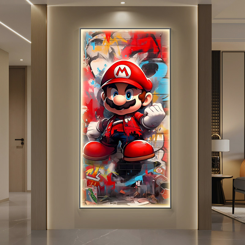 超级玛丽玄关装饰画高级感卡通发光挂画马里奥过道走廊尽头壁灯画
