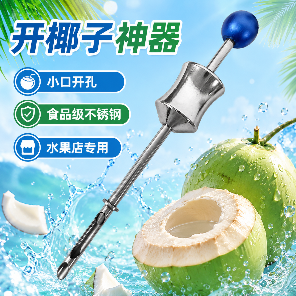 不锈钢开椰子神器全自动椰青开口器开孔器钻孔开壳工具椰子刀商用