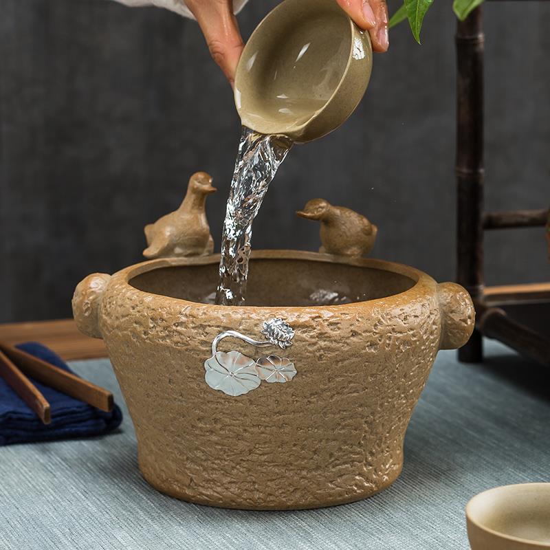 粗陶茶洗水洗水仙花盆粗陶无釉创意摆件茶渣缸陶瓷茶洗家用茶洗杯