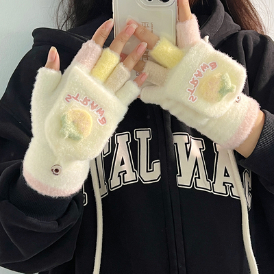 可爱翻盖半指小学生女孩保暖草莓小孩写字女儿童手套冬季女童露指