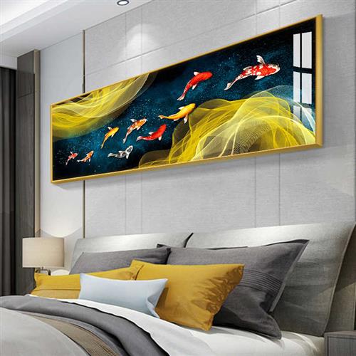 新中式卧室床头装饰画轻奢招财九鱼图挂画客厅沙发背景墙横版壁画