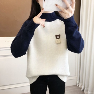 初中高中学生半高领拼色小熊毛衣少女秋冬加厚内搭大童打底针织衫