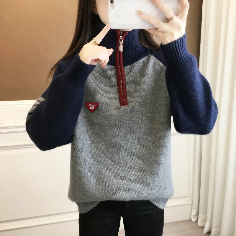 中学生拼色半拉链毛衣少女青少年初中高中生学院风针织上衣打底衫