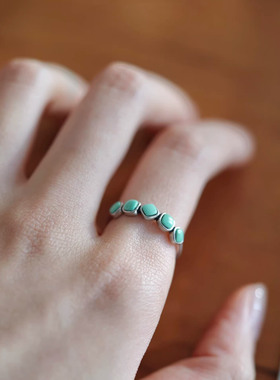 925银复古新中式四方方糖绿松石戒指环开口调节精致简约小众设计