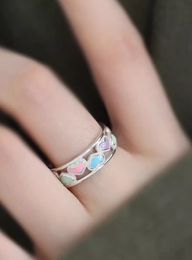 925银复古新中式多巴胺彩色爱心戒指环开口调节民族风女小众设计