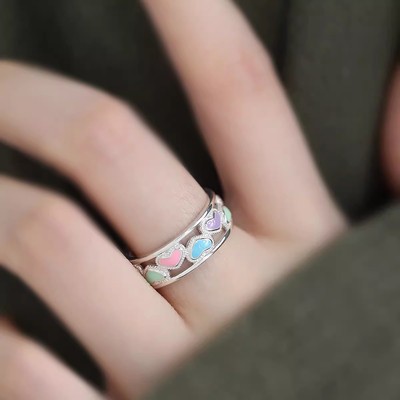 925银复古新中式多巴胺彩色爱心戒指环开口调节民族风女小众设计