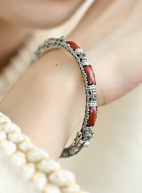 925银新中式无事牌手镯子南红开口复古典民族风女镂空小众高级感