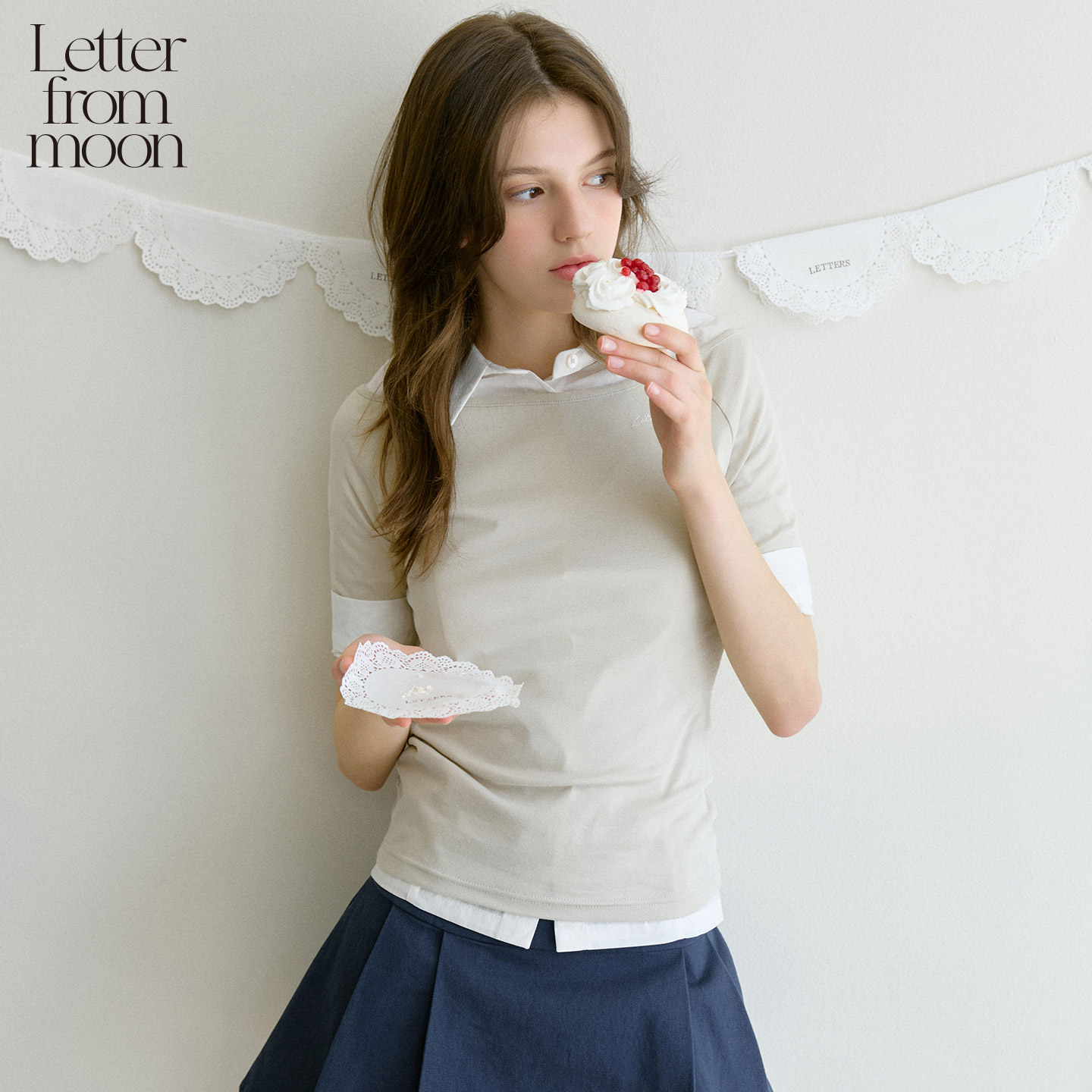 Letter from moon 2026夏季新款小露肩五分袖 T 恤韩系温柔风短袖