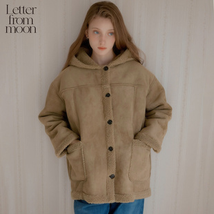 新款 现货速发 moon2025冬季 from 保暖连帽大衣女休闲外套 Letter