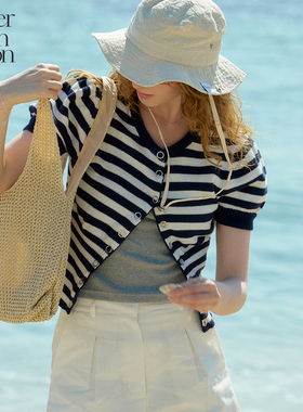 Letter from moon复古泡泡袖条纹开衫女2024夏季新款收腰休闲短袖