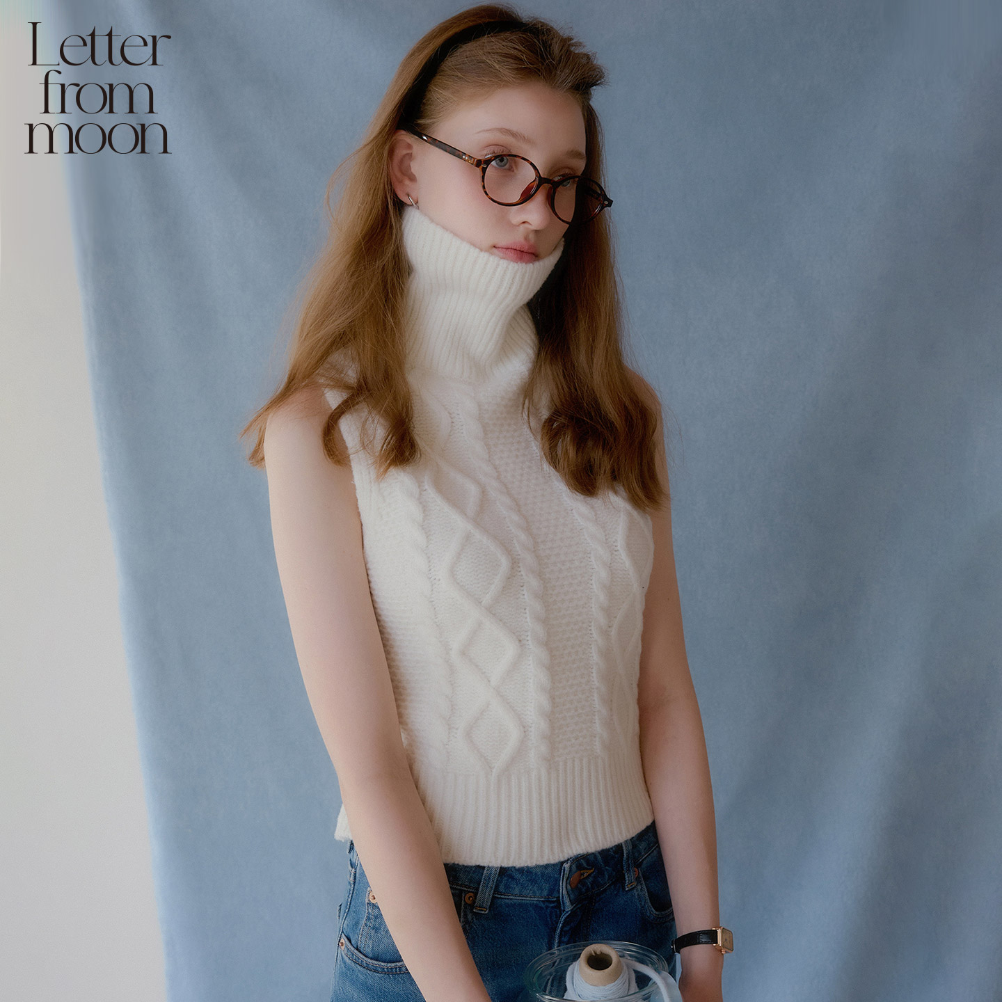 Letter from moon 2025冬季新款绞花高领羊毛背心叠穿袖针织衫女