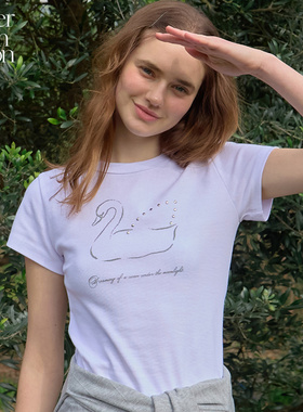 Letter from moon天鹅图案修身T恤2025年夏季新款日韩休闲风短袖