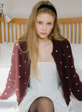 Letter from moon混纺波点羊毛针织拉链开衫2025冬季新款休闲上衣