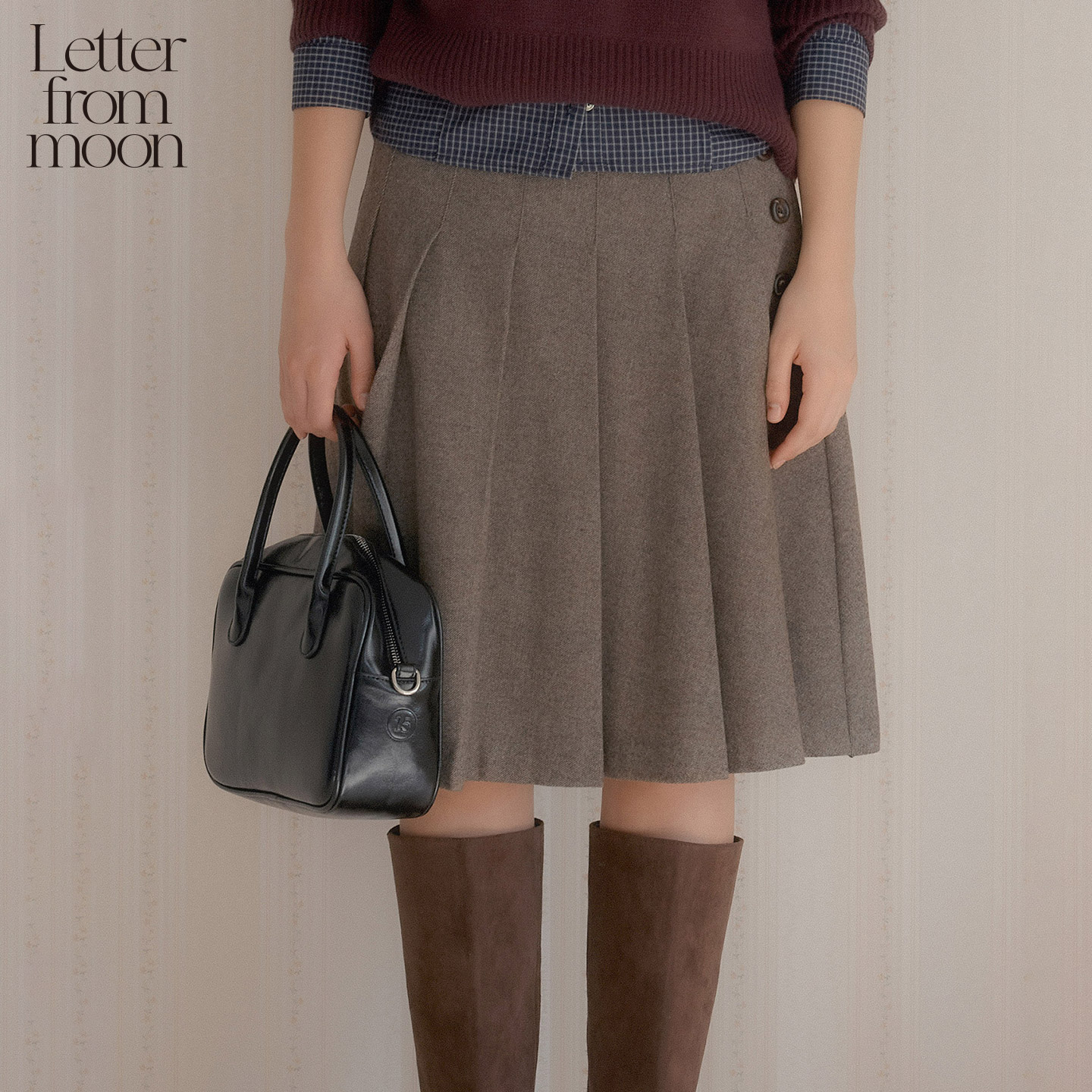 Letter from moon 2025冬季新款纽扣设计中长百褶羊毛褶裥半身裙