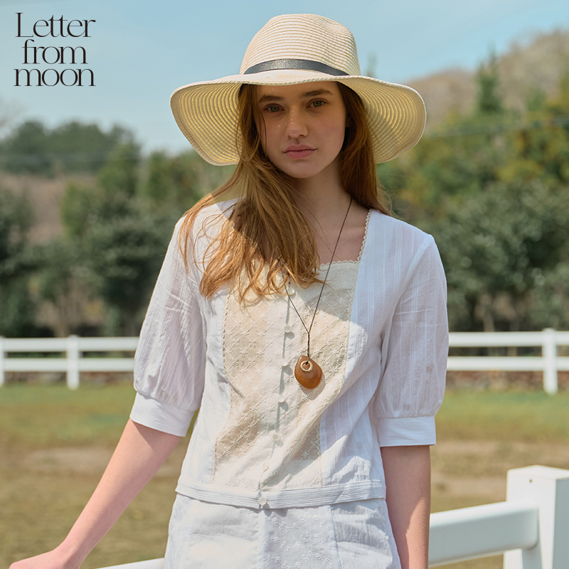 Letter from moon方领纽扣蕾丝衬衫女2025夏季新款法式休闲上衣