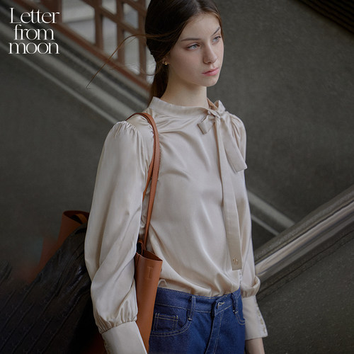 Letter from moon高领领带气质上衣女2024秋新款简约通勤时尚衬衫