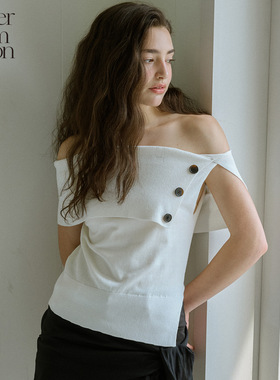 【卢昱晓同款】Letter from moon露肩纽扣针织上衣女25夏通勤短袖