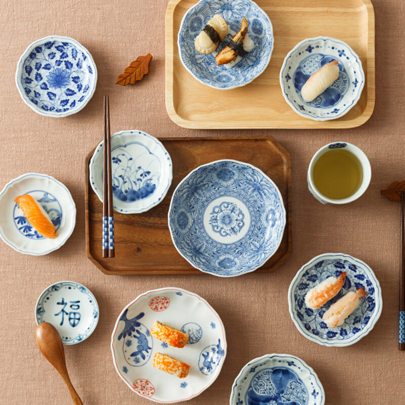 有谷窑日本陶瓷餐具蓝凛堂釉下彩和风复古圆形波浪边菜盘汤盘17cm