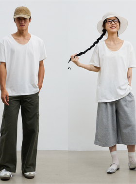 LLCALL U领中性T恤秒变纸片人！软绵微透慵懒宽松短袖